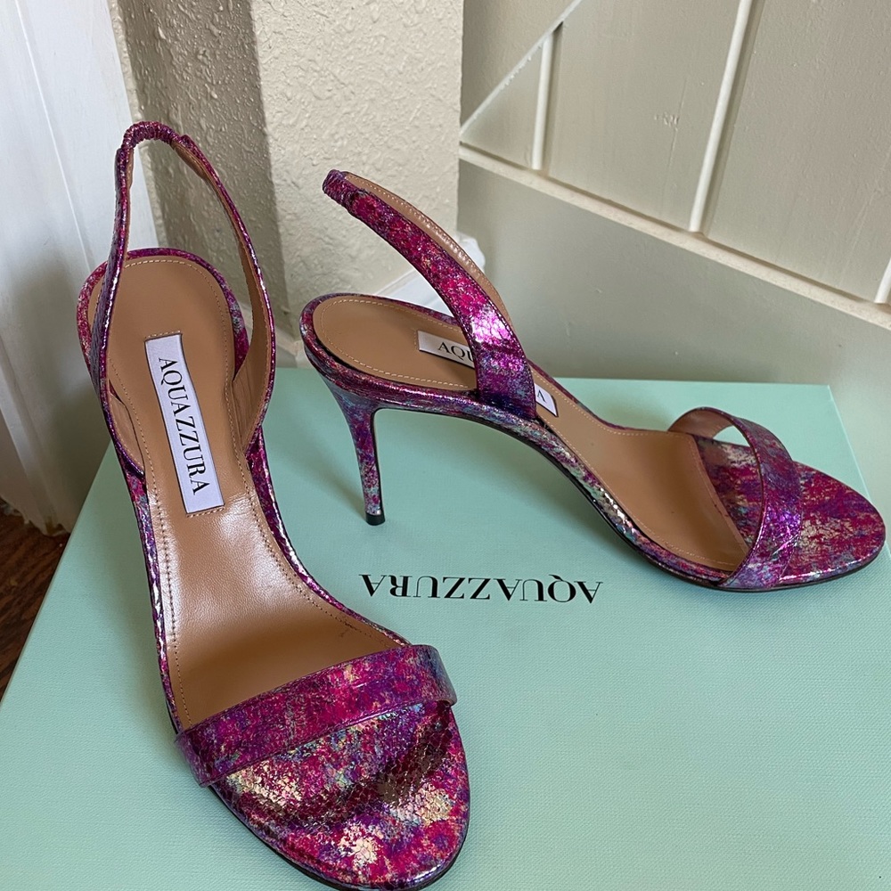 AQUAZZURA SO NUDE 85mm SNAKE-EMBOSSED LEATHER SLINGBACK SANDAL 36 in FUXIA